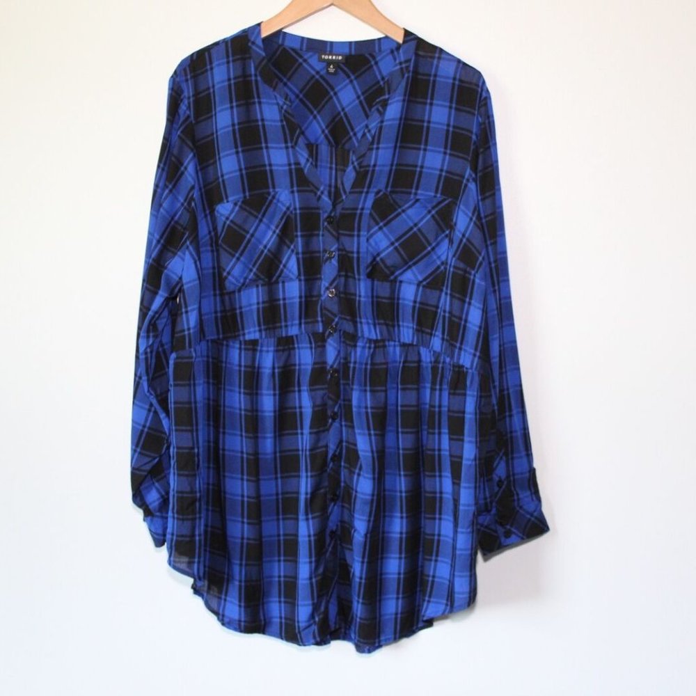 Torrid Buffalo Plaid Long Sleeve Button Babydoll Tunic Top Plus Size 4 4X H13413 - Picture 2 of 11